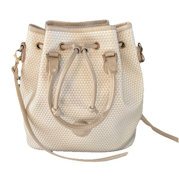 Vintage 1983 Liz Claiborne Drawstring Bucket Shoulder Bag Cream & Tan Triangles - Picture 1 of 15